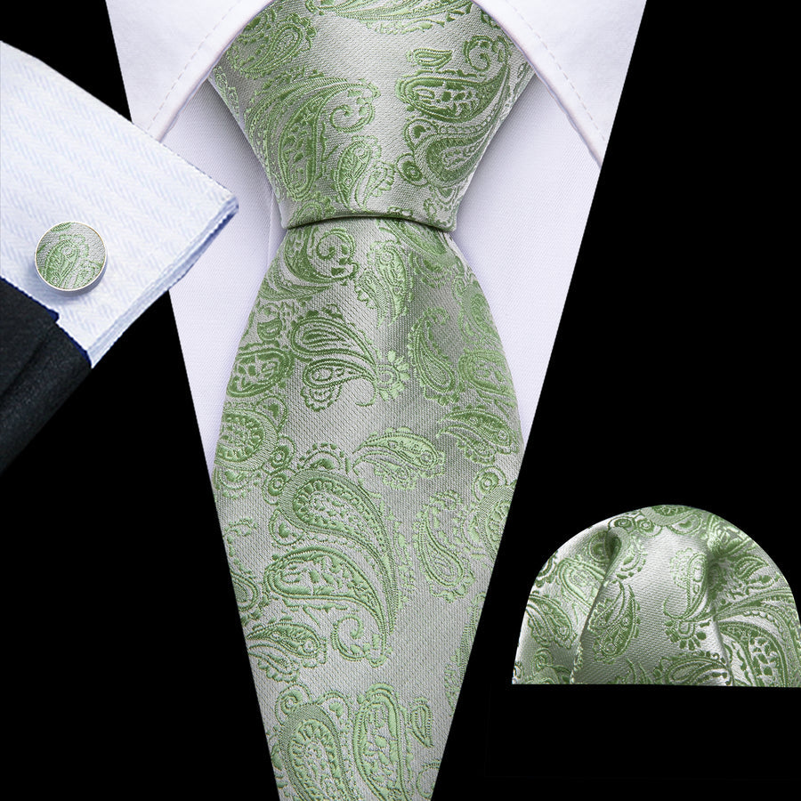 Avocado Green Paisley XL Tie, Pocket Square and Cufflinks tie sets    - Sophisticated Gentlemen