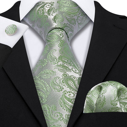 Avocado Green Paisley XL Tie, Pocket Square and Cufflinks tie sets    - Sophisticated Gentlemen