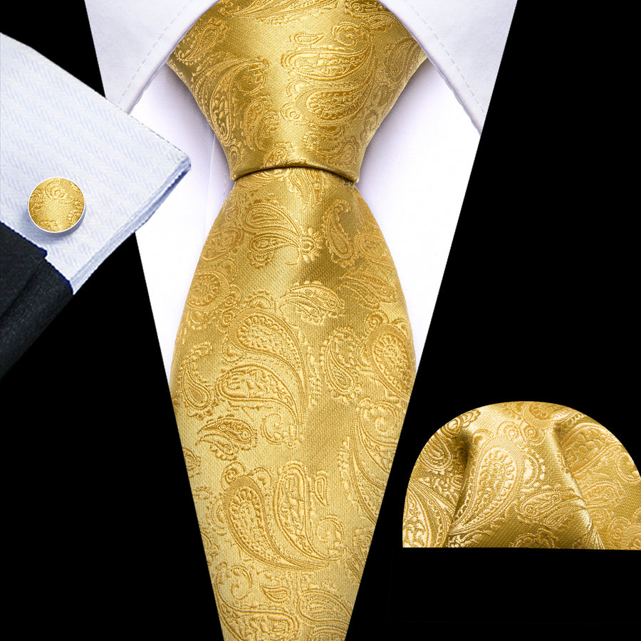 Gold Paisley XL Tie, Pocket Square and Cufflinks tie sets    - Sophisticated Gentlemen