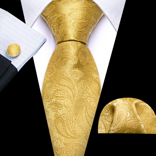 Gold Paisley XL Tie, Pocket Square and Cufflinks tie sets    - Sophisticated Gentlemen