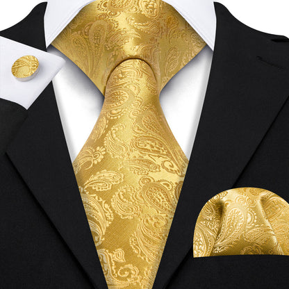 Gold Paisley XL Tie, Pocket Square and Cufflinks tie sets    - Sophisticated Gentlemen