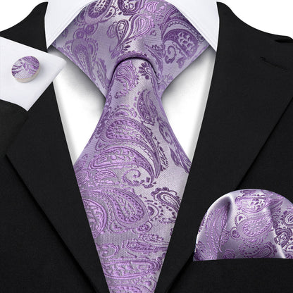 Pale Purple Paisley XL Tie, Pocket Square and Cufflinks tie sets    - Sophisticated Gentlemen