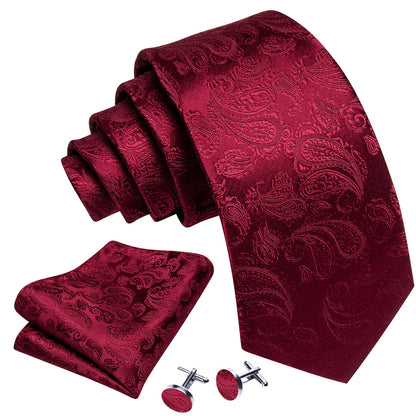 Red Paisley Silk XL Tie, Pocket Square and Cufflinks tie sets    - Sophisticated Gentlemen