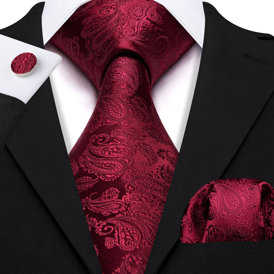 Red Paisley Silk XL Tie, Pocket Square and Cufflinks tie sets    - Sophisticated Gentlemen