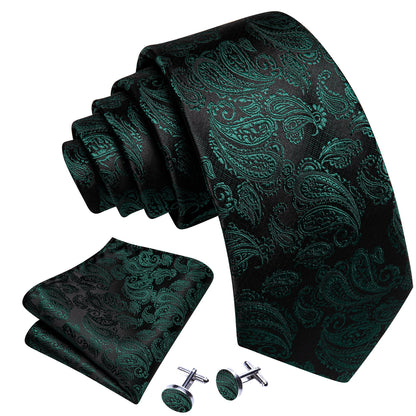 Black and Green Paisley XL Tie, Pocket Square and Cufflinks tie sets    - Sophisticated Gentlemen
