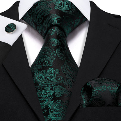 Black and Green Paisley XL Tie, Pocket Square and Cufflinks tie sets    - Sophisticated Gentlemen