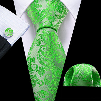 Green Paisley XL Tie, Pocket Square and Cufflinks tie sets    - Sophisticated Gentlemen