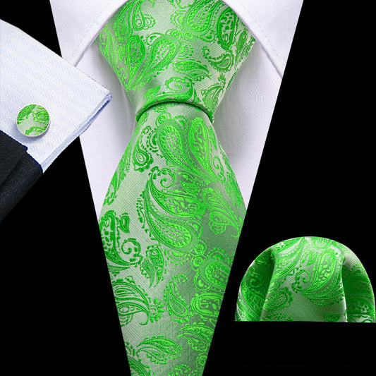 Green Paisley XL Tie, Pocket Square and Cufflinks tie sets    - Sophisticated Gentlemen