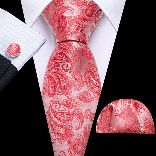 Coral and Red Paisley XL Tie, Pocket Square and Cufflinks tie sets    - Sophisticated Gentlemen