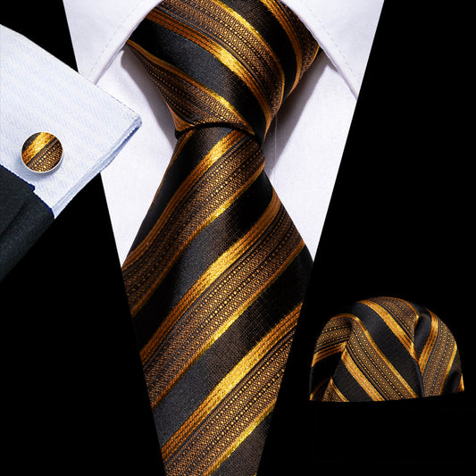Black and Gold Striped Silk Tie, Pocket Square and Cufflinks Set tie sets - Sophisticated Gentlemen