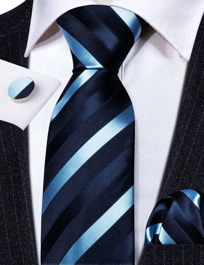 Blue Striped Silk Tie, Pocket Square and Cufflinks Set tie sets    - Sophisticated Gentlemen