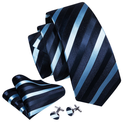 Blue Striped Silk Tie, Pocket Square and Cufflinks Set tie sets    - Sophisticated Gentlemen