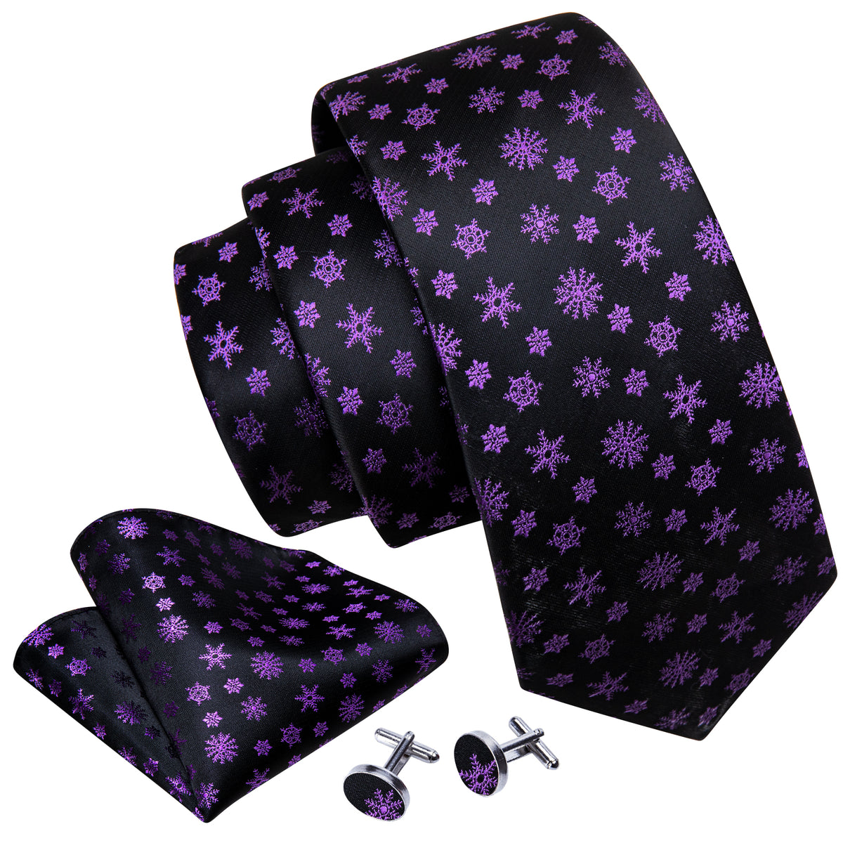 Black Purple Snowflake Tie, Pocket Square and Cufflinks Set tie sets    - Sophisticated Gentlemen