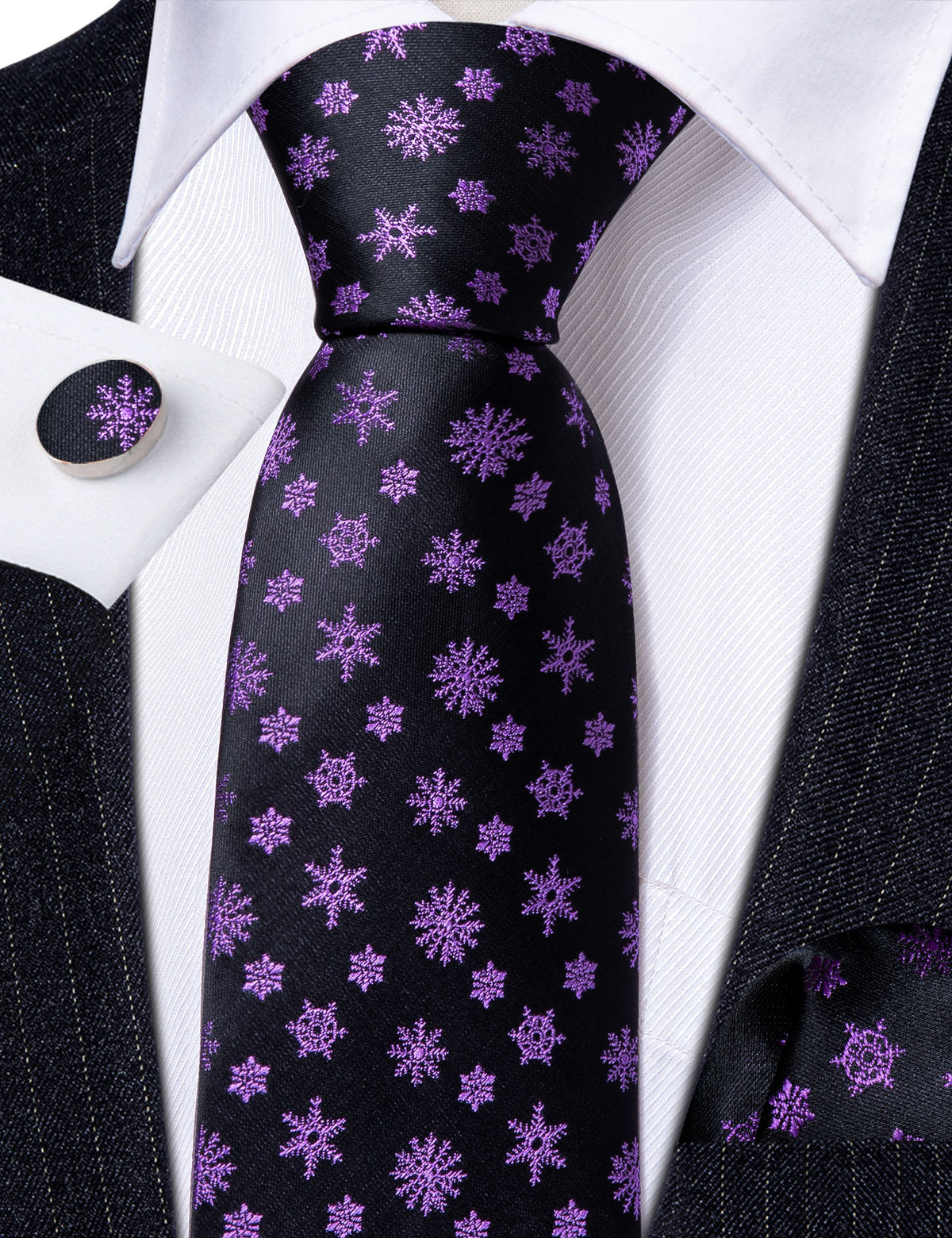 Black Purple Snowflake Tie, Pocket Square and Cufflinks Set tie sets    - Sophisticated Gentlemen