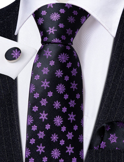 Black Purple Snowflake Tie, Pocket Square and Cufflinks Set tie sets    - Sophisticated Gentlemen