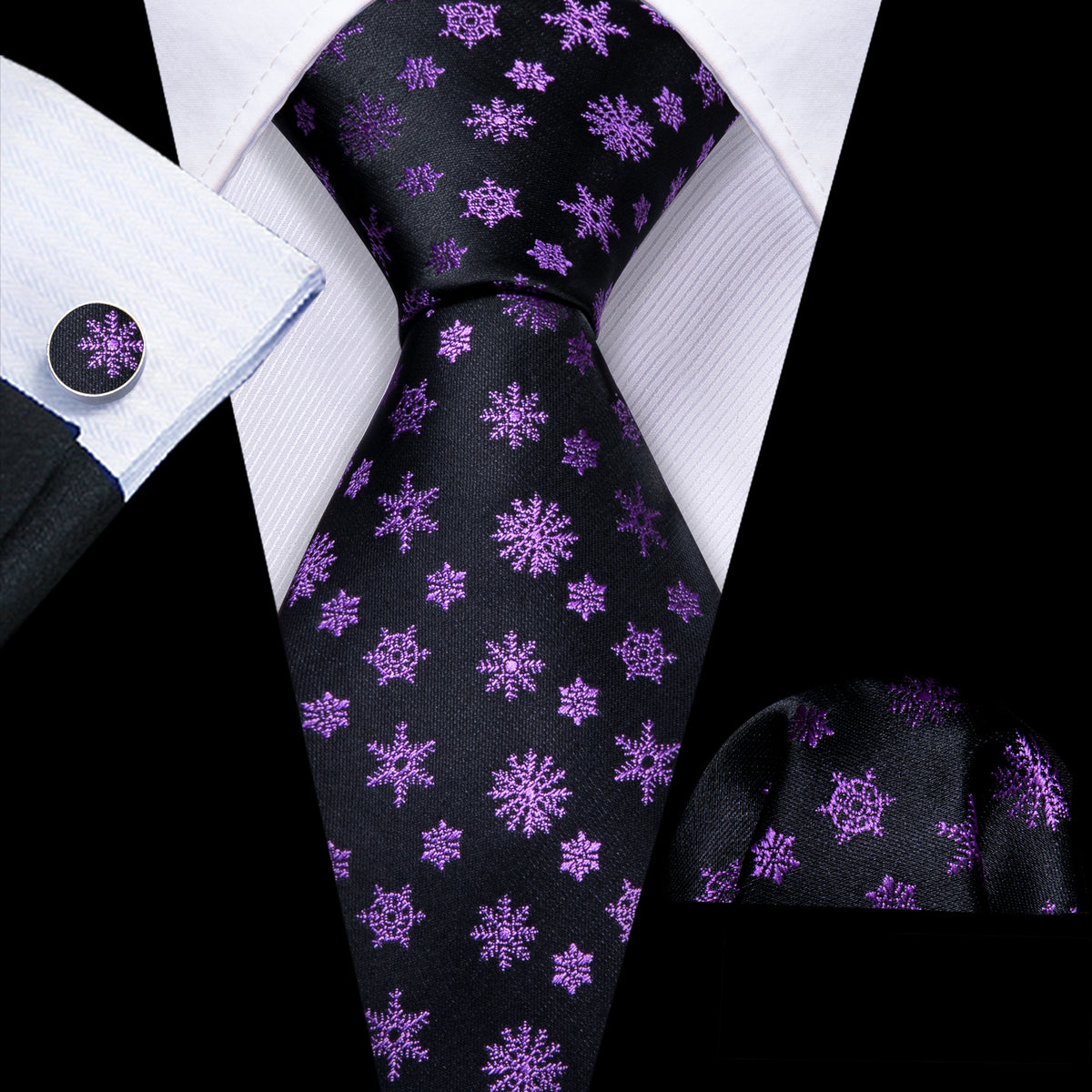 Black Purple Snowflake Tie, Pocket Square and Cufflinks Set tie sets    - Sophisticated Gentlemen