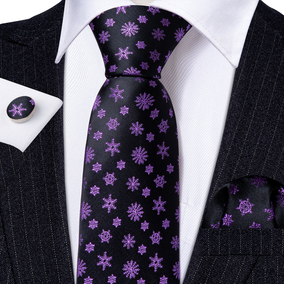 Black Purple Snowflake Tie, Pocket Square and Cufflinks Set tie sets    - Sophisticated Gentlemen