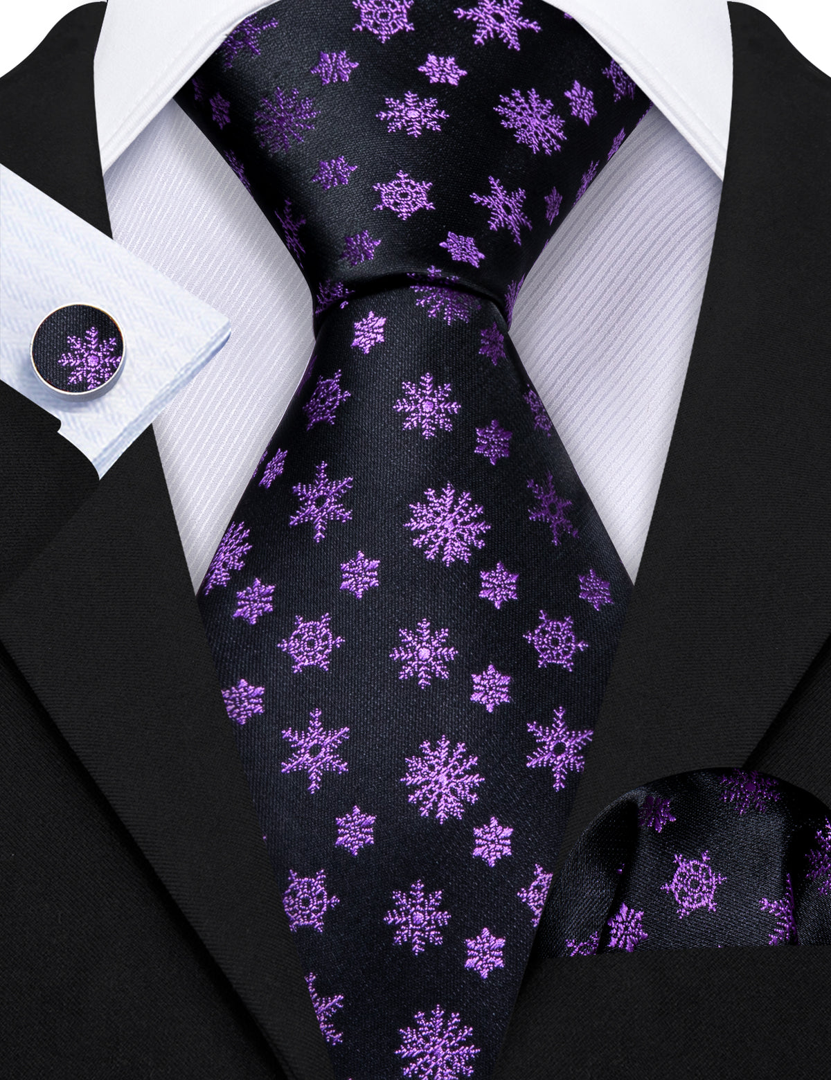 Black Purple Snowflake Tie, Pocket Square and Cufflinks Set tie sets    - Sophisticated Gentlemen