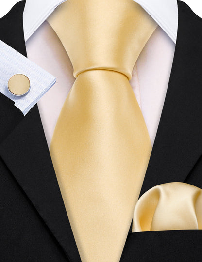 Gold Solid Silk Tie, Pocket Square and Cufflinks Set tie sets    - Sophisticated Gentlemen