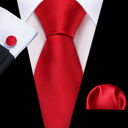 Red Solid Silk Satin Tie, Pocket Square and Cufflinks Set tie sets    - Sophisticated Gentlemen