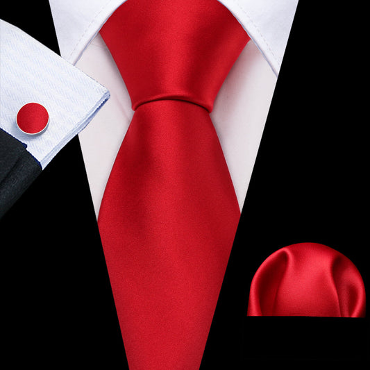 Red Solid Silk Satin Tie, Pocket Square and Cufflinks Set tie sets    - Sophisticated Gentlemen