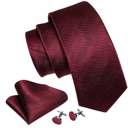 Burgundy Red Solid Ripples Silk Tie, Pocket Square and Cufflinks Set tie sets    - Sophisticated Gentlemen