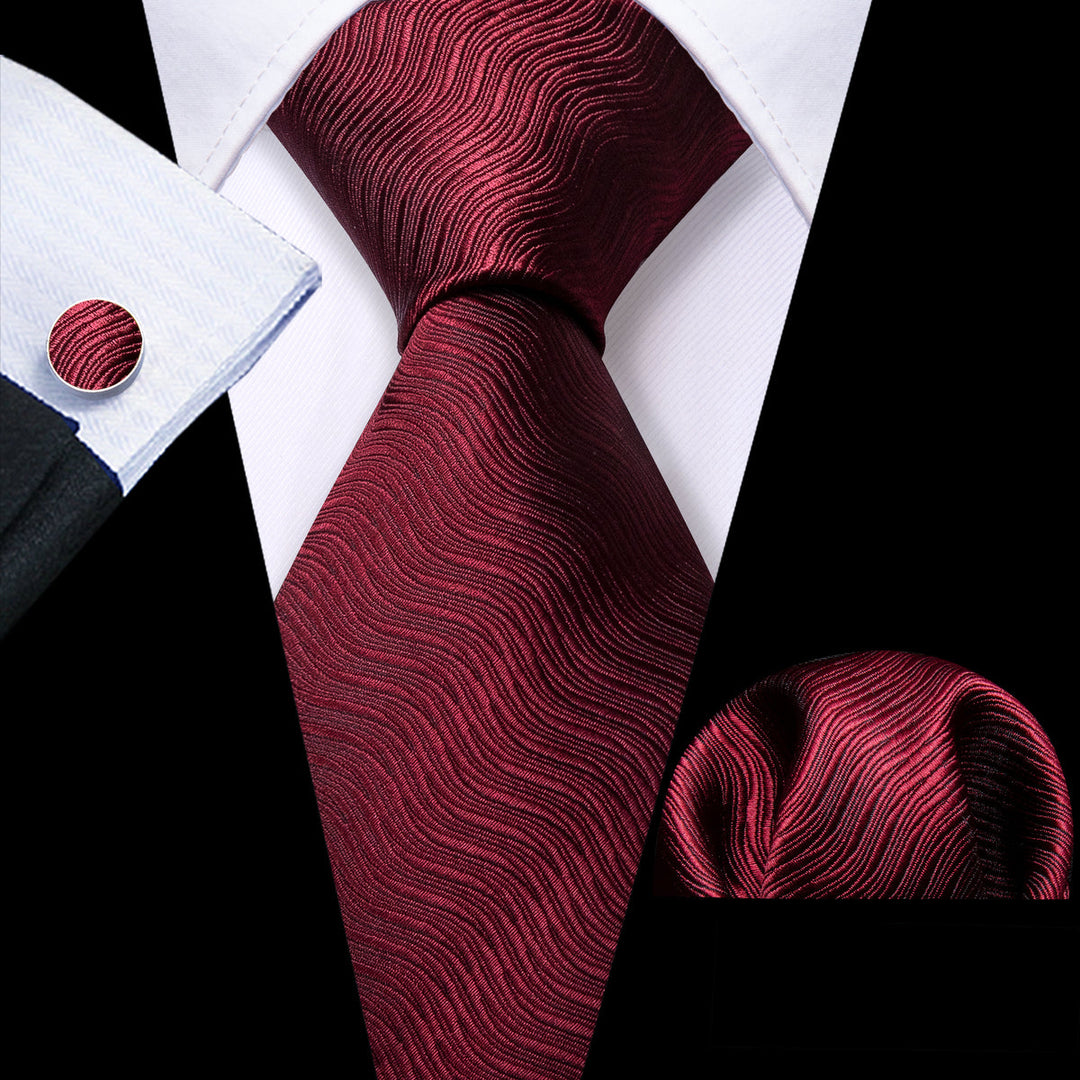 Burgundy Red Solid Ripples Silk Tie, Pocket Square and Cufflinks Set tie sets    - Sophisticated Gentlemen