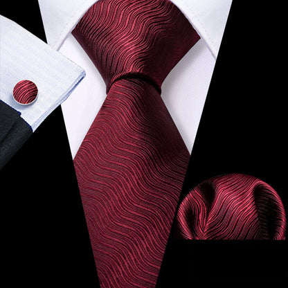 Burgundy Red Solid Ripples Silk Tie, Pocket Square and Cufflinks Set tie sets    - Sophisticated Gentlemen