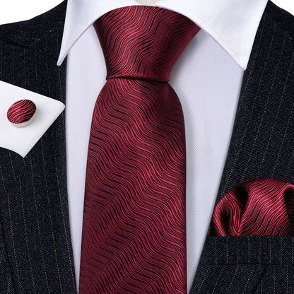 Burgundy Red Solid Ripples Silk Tie, Pocket Square and Cufflinks Set tie sets    - Sophisticated Gentlemen