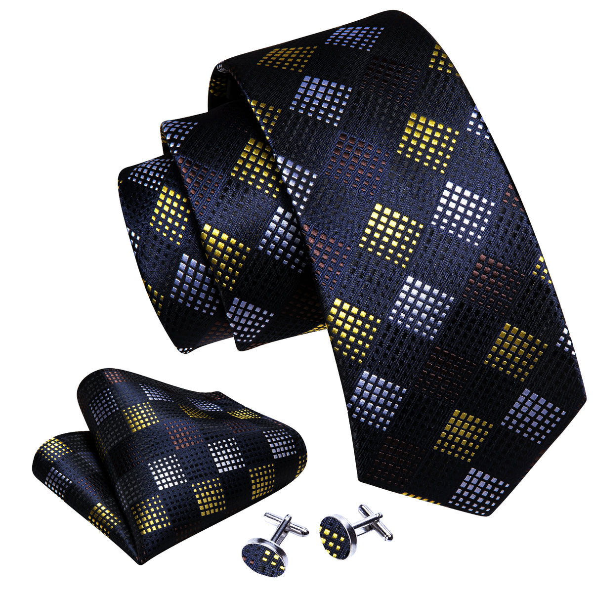 Black Yellow Plaid Fashion Silk Tie, Pocket Square and Cufflinks Set tie sets    - Sophisticated Gentlemen