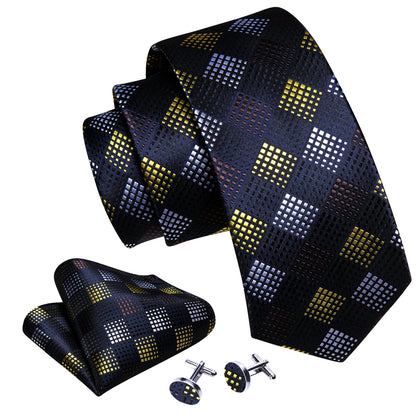 Black Yellow Plaid Fashion Silk Tie, Pocket Square and Cufflinks Set tie sets    - Sophisticated Gentlemen