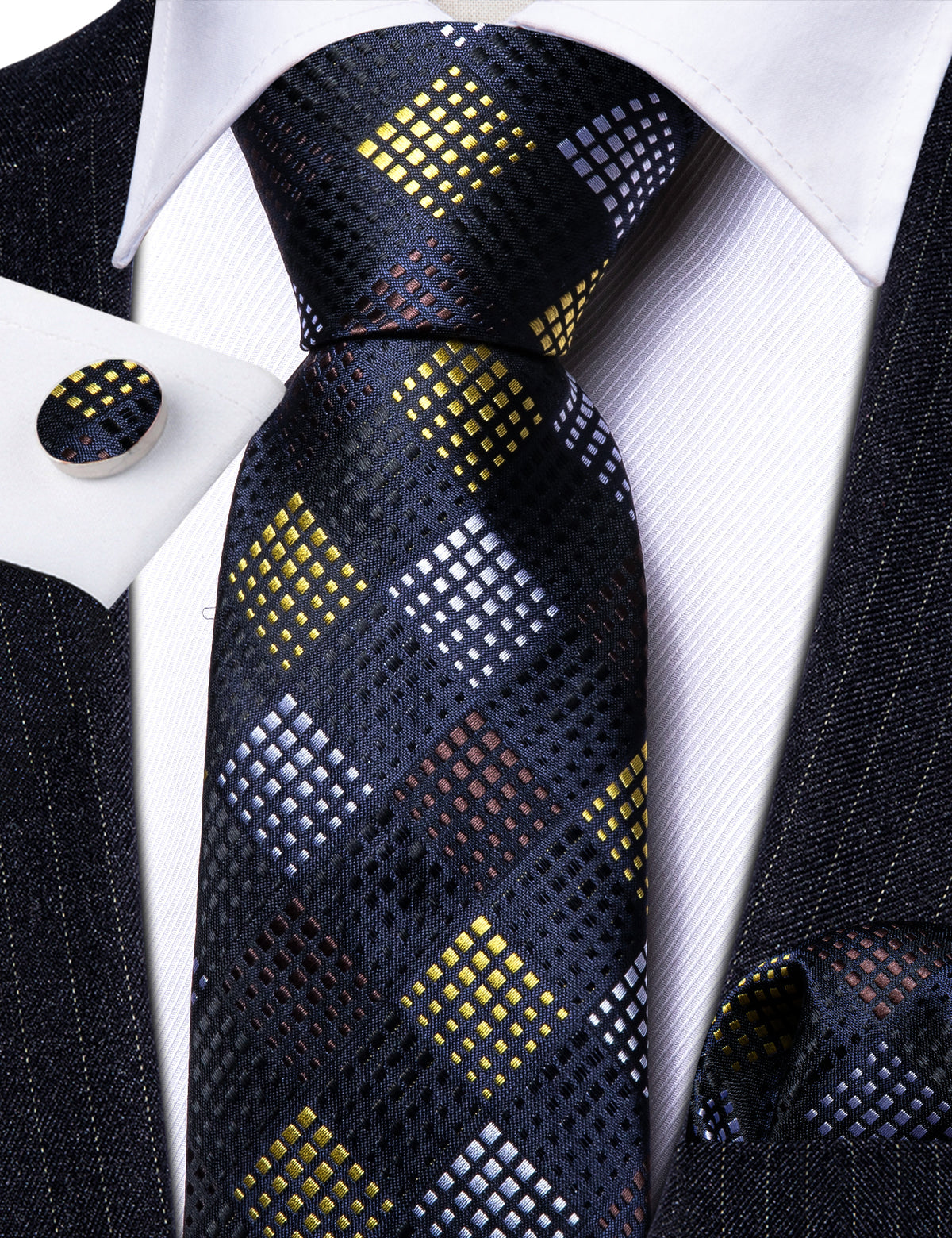 Black Yellow Plaid Fashion Silk Tie, Pocket Square and Cufflinks Set tie sets    - Sophisticated Gentlemen