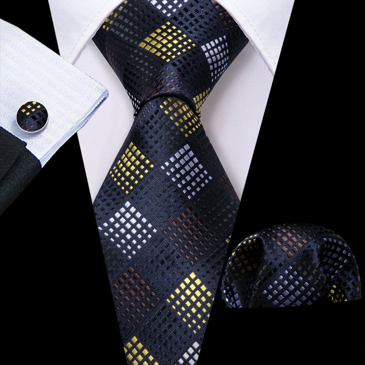 Black Yellow Plaid Fashion Silk Tie, Pocket Square and Cufflinks Set tie sets    - Sophisticated Gentlemen