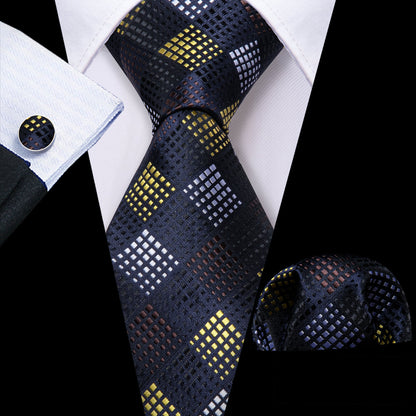 Black Yellow Plaid Fashion Silk Tie, Pocket Square and Cufflinks Set tie sets    - Sophisticated Gentlemen