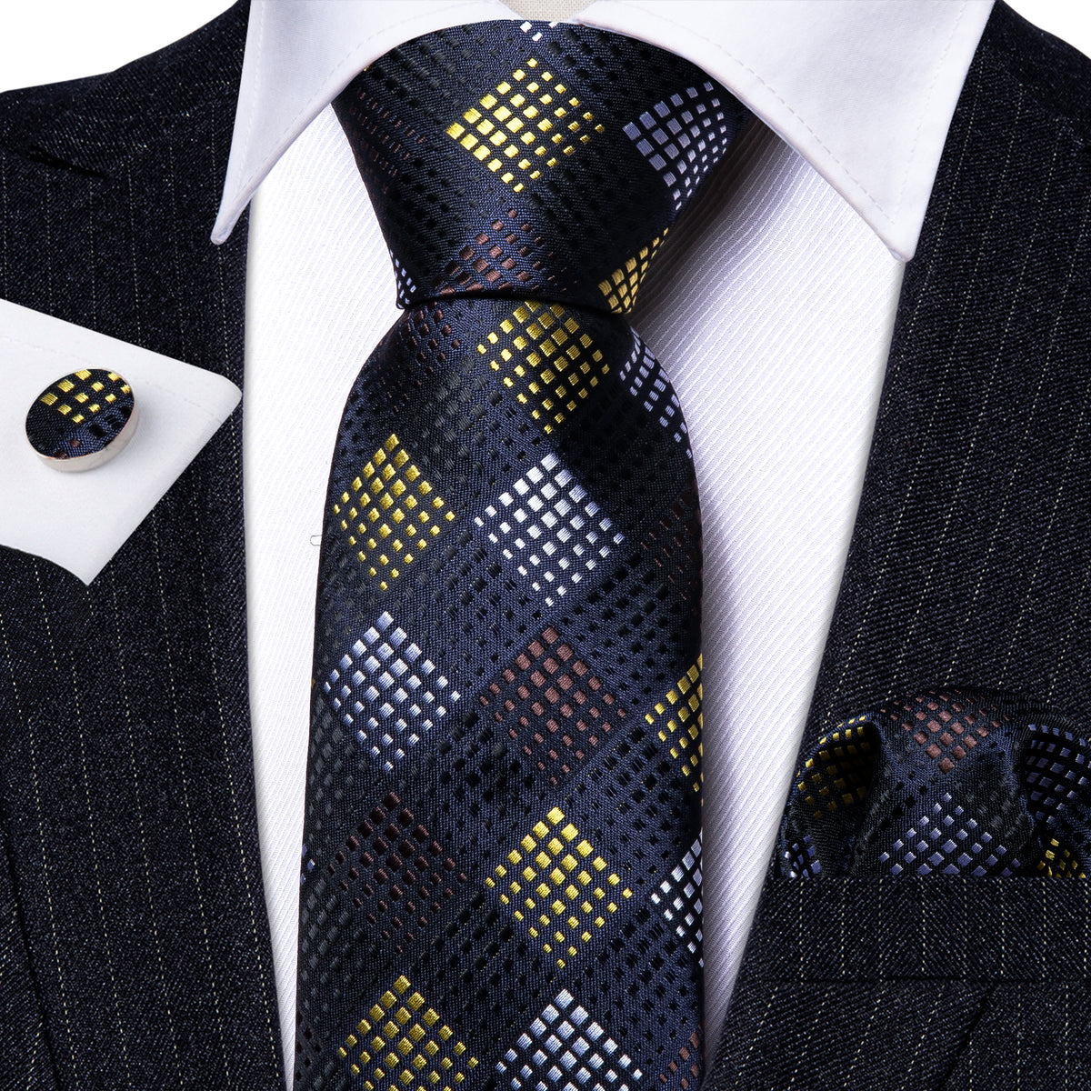 Black Yellow Plaid Fashion Silk Tie, Pocket Square and Cufflinks Set tie sets    - Sophisticated Gentlemen