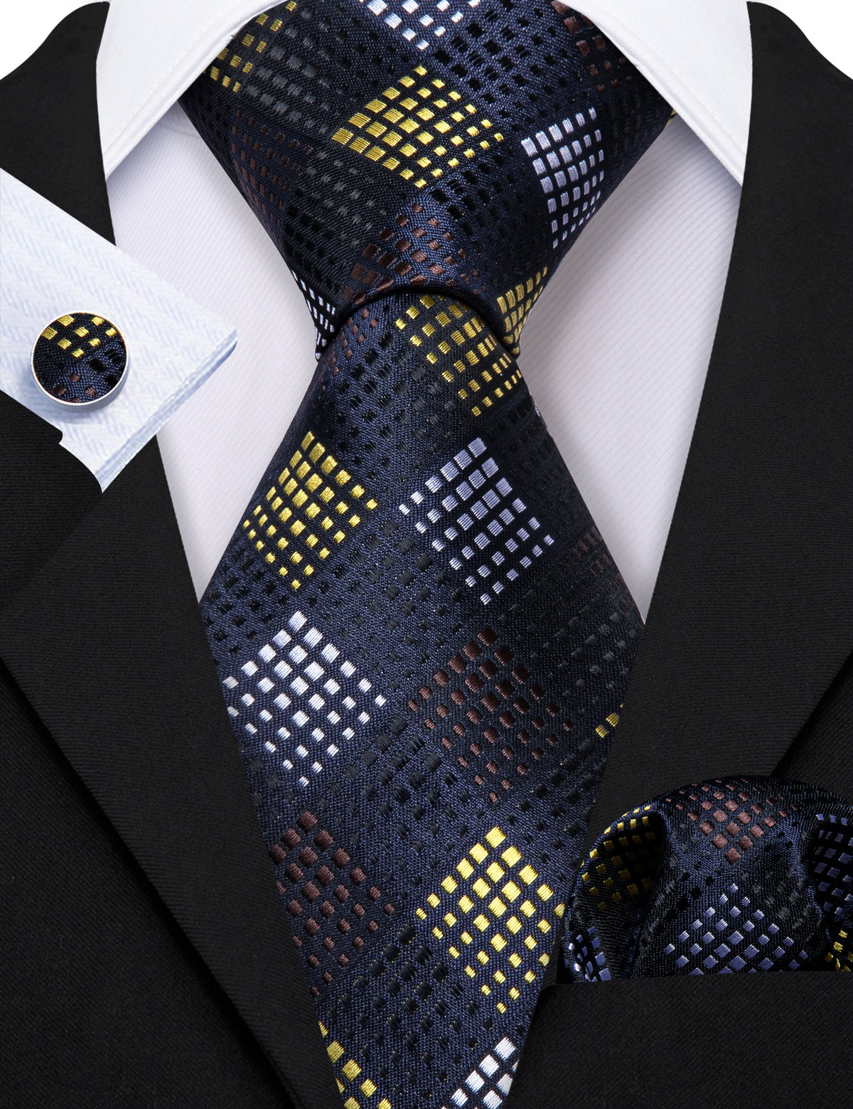 Black Yellow Plaid Fashion Silk Tie, Pocket Square and Cufflinks Set tie sets    - Sophisticated Gentlemen