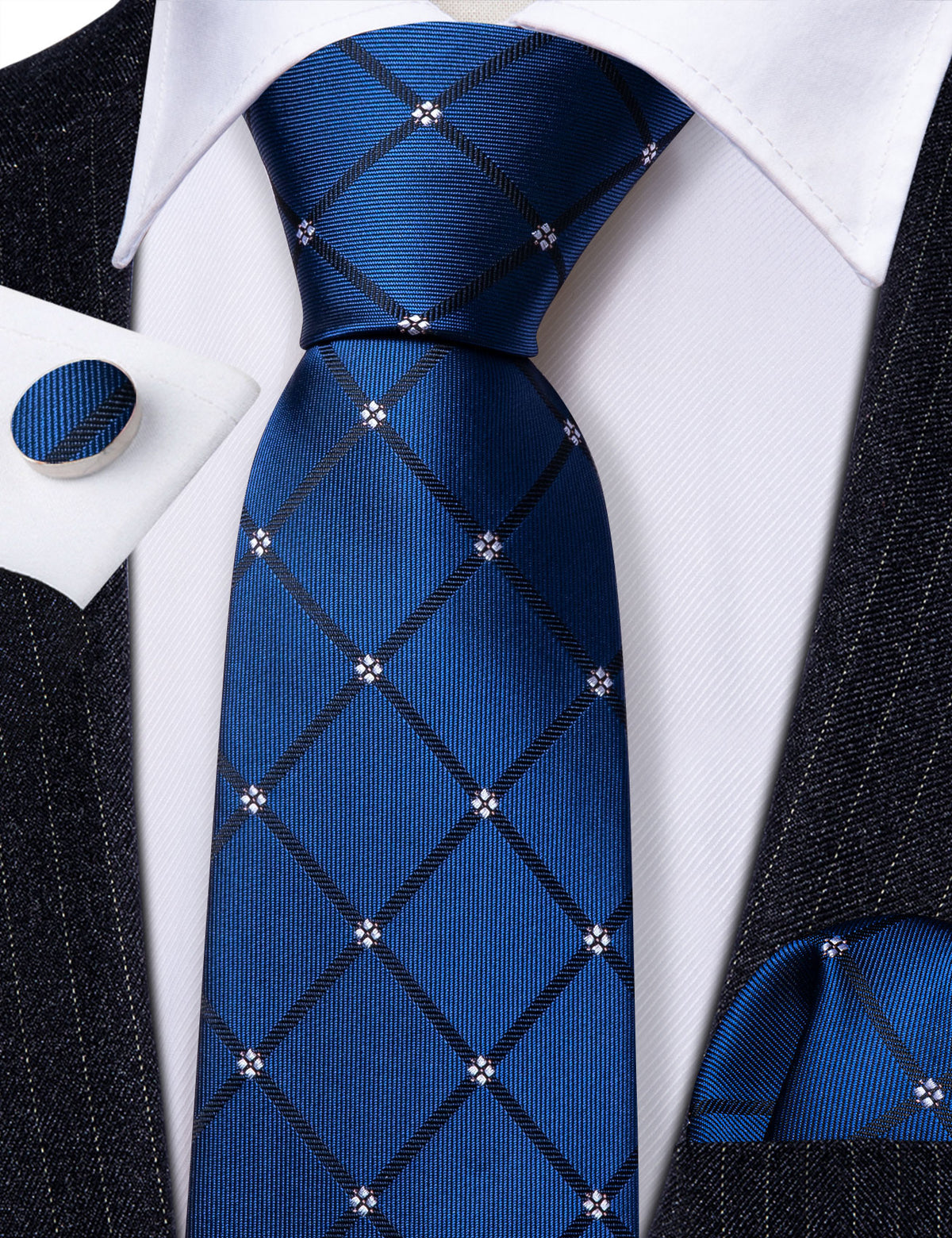 Navy Blue Lattice Tie, Pocket Square and Cufflinks Set tie sets    - Sophisticated Gentlemen