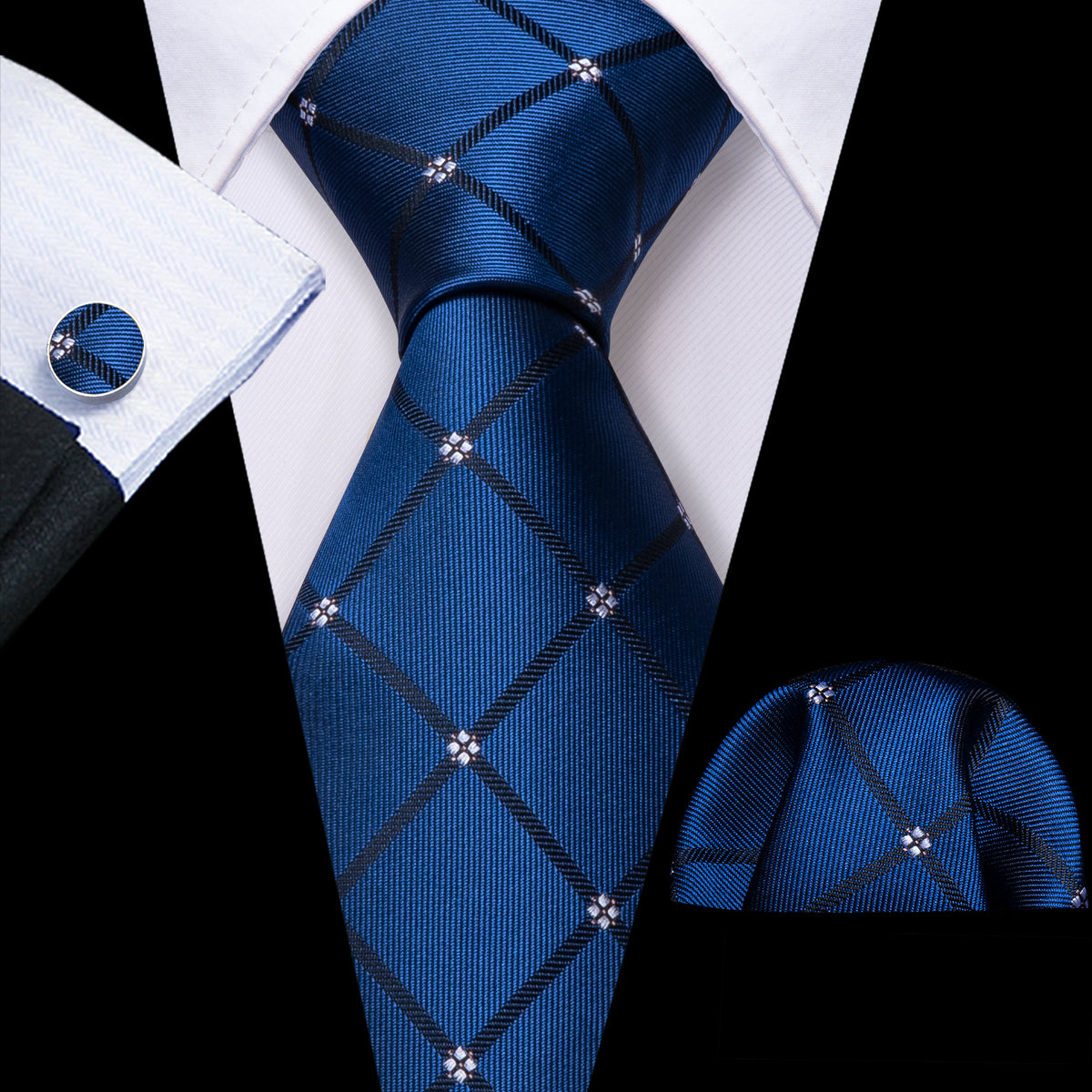 Navy Blue Lattice Tie, Pocket Square and Cufflinks Set tie sets    - Sophisticated Gentlemen