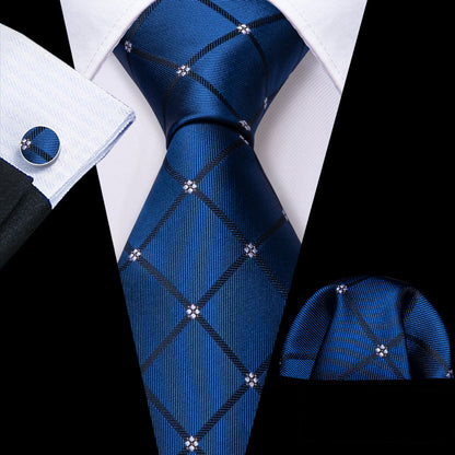 Navy Blue Lattice Tie, Pocket Square and Cufflinks Set tie sets    - Sophisticated Gentlemen