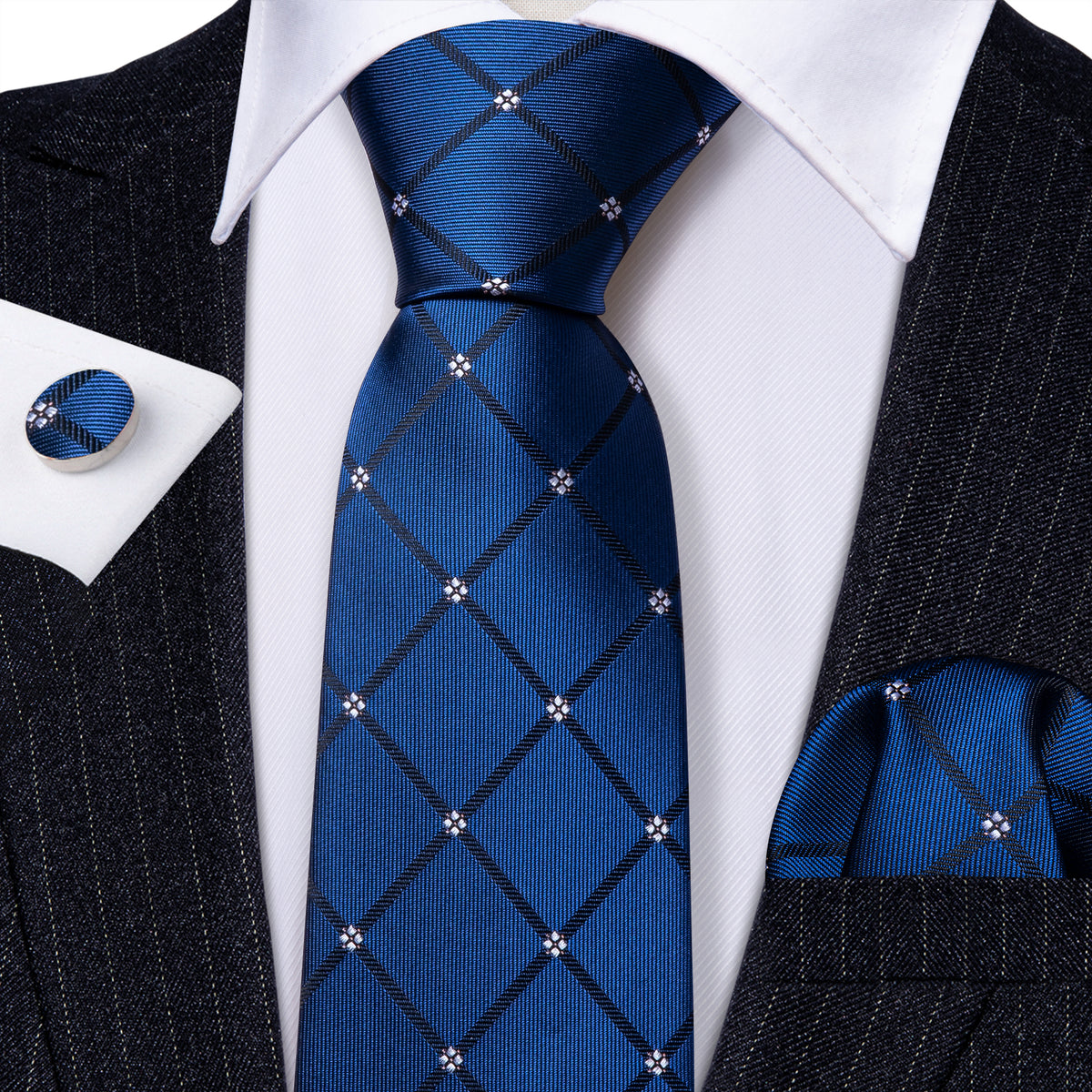 Navy Blue Lattice Tie, Pocket Square and Cufflinks Set tie sets    - Sophisticated Gentlemen