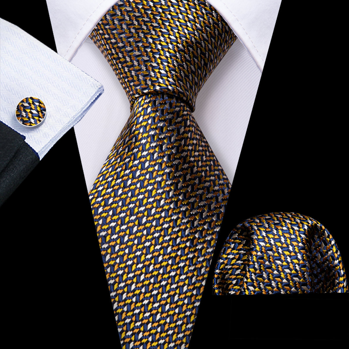 Gold White Silk Tie, Pocket Square and Cufflinks Set tie sets    - Sophisticated Gentlemen