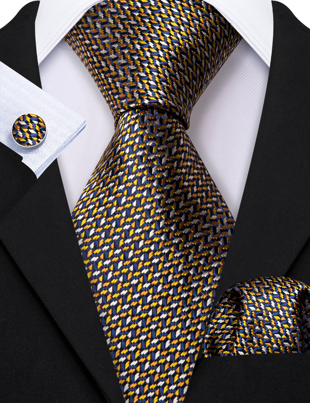 Gold White Silk Tie, Pocket Square and Cufflinks Set tie sets    - Sophisticated Gentlemen