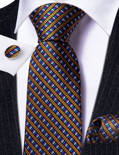 Gold Purple Novelty Striped Silk Tie, Pocket Square and Cufflinks Set tie sets    - Sophisticated Gentlemen
