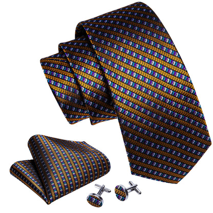 Gold Purple Novelty Striped Silk Tie, Pocket Square and Cufflinks Set tie sets    - Sophisticated Gentlemen