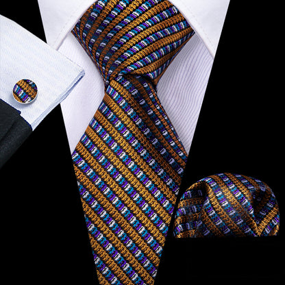 Gold Purple Novelty Striped Silk Tie, Pocket Square and Cufflinks Set tie sets    - Sophisticated Gentlemen