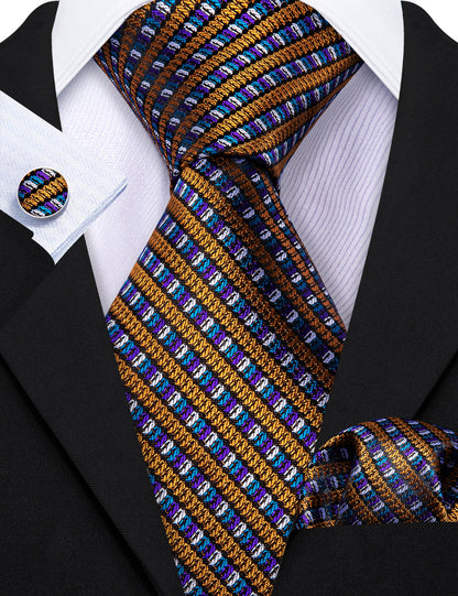 Gold Purple Novelty Striped Silk Tie, Pocket Square and Cufflinks Set tie sets    - Sophisticated Gentlemen