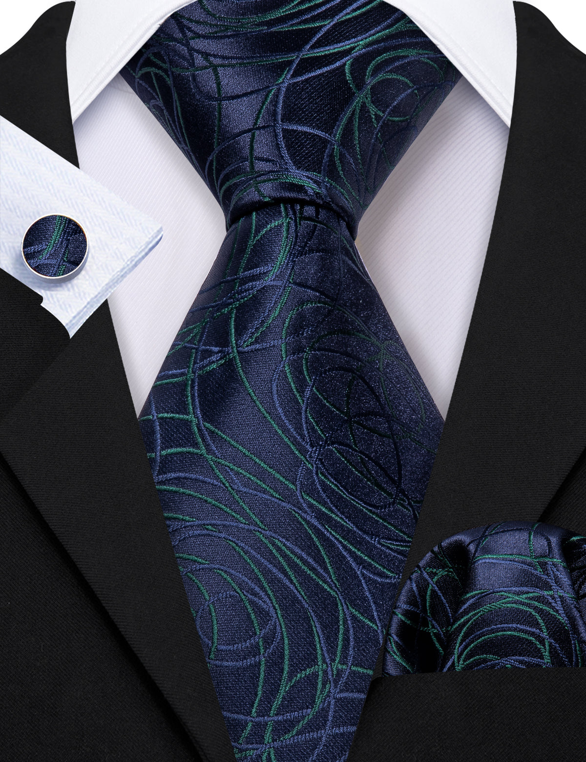 Blue Green Line Silk Tie, Pocket Square and Cufflinks Set tie sets    - Sophisticated Gentlemen