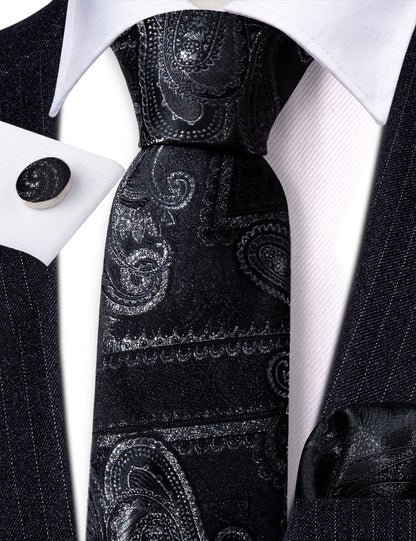 Black Paisley Silk Tie, Pocket Square and Cufflinks Set tie sets    - Sophisticated Gentlemen