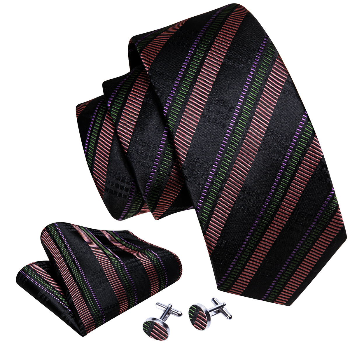Bright Black Brown Striped Tie, Pocket Square and Cufflinks Set tie sets    - Sophisticated Gentlemen