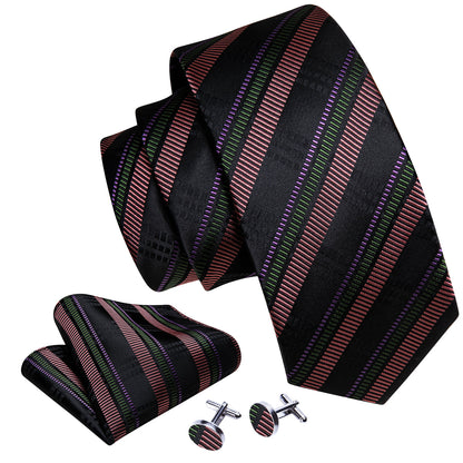 Bright Black Brown Striped Tie, Pocket Square and Cufflinks Set tie sets    - Sophisticated Gentlemen